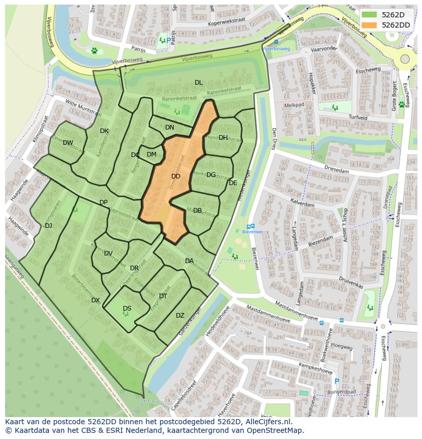 Afbeelding van het postcodegebied 5262 DD op de kaart.