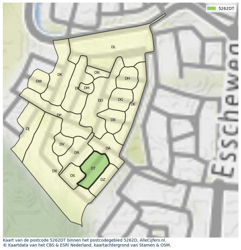 Afbeelding van het postcodegebied 5262 DT op de kaart.