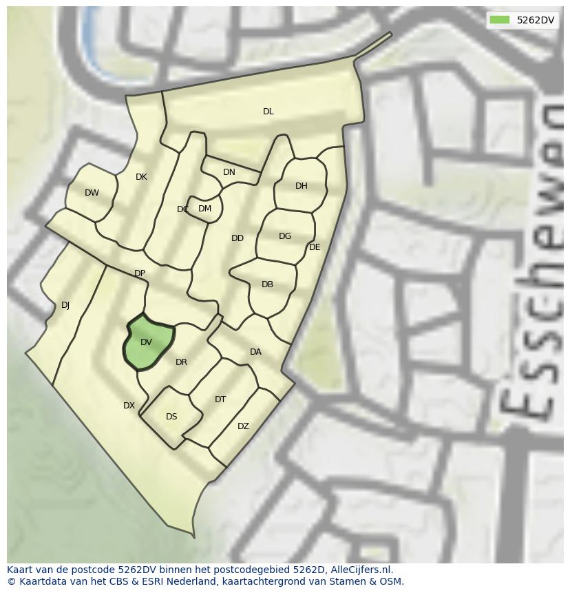 Afbeelding van het postcodegebied 5262 DV op de kaart.