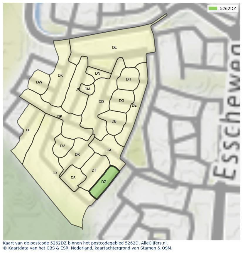 Afbeelding van het postcodegebied 5262 DZ op de kaart.
