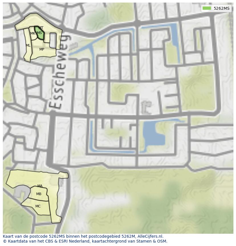 Afbeelding van het postcodegebied 5262 MS op de kaart.