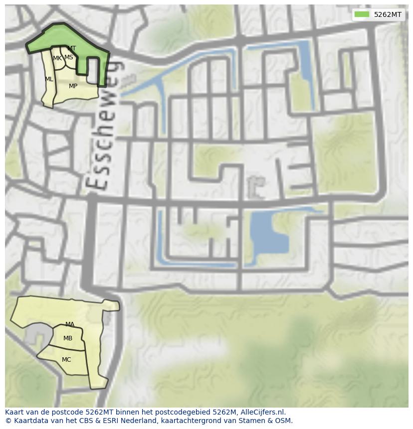 Afbeelding van het postcodegebied 5262 MT op de kaart.