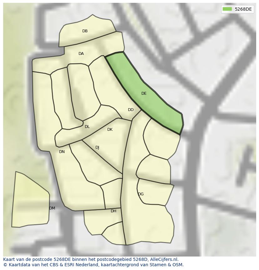 Afbeelding van het postcodegebied 5268 DE op de kaart.