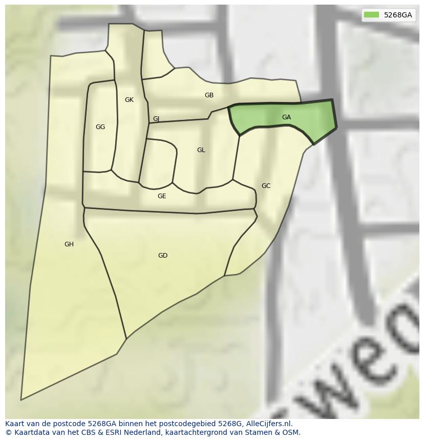 Afbeelding van het postcodegebied 5268 GA op de kaart.