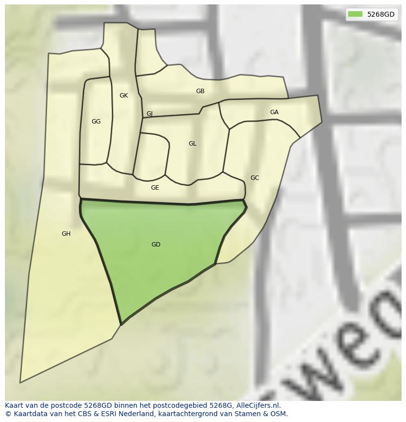Afbeelding van het postcodegebied 5268 GD op de kaart.