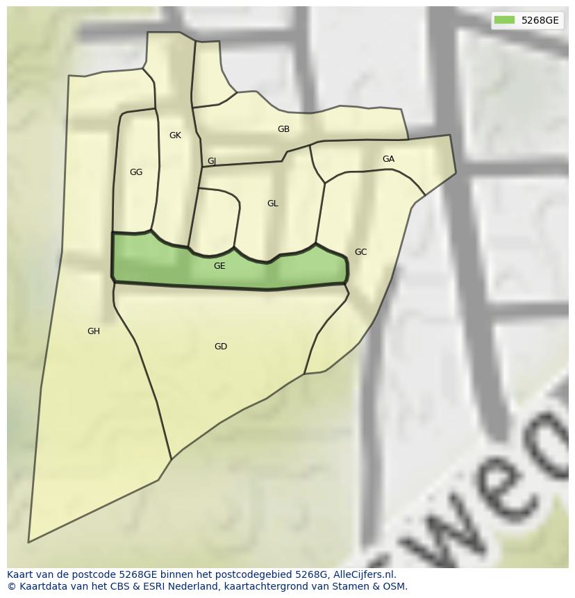 Afbeelding van het postcodegebied 5268 GE op de kaart.