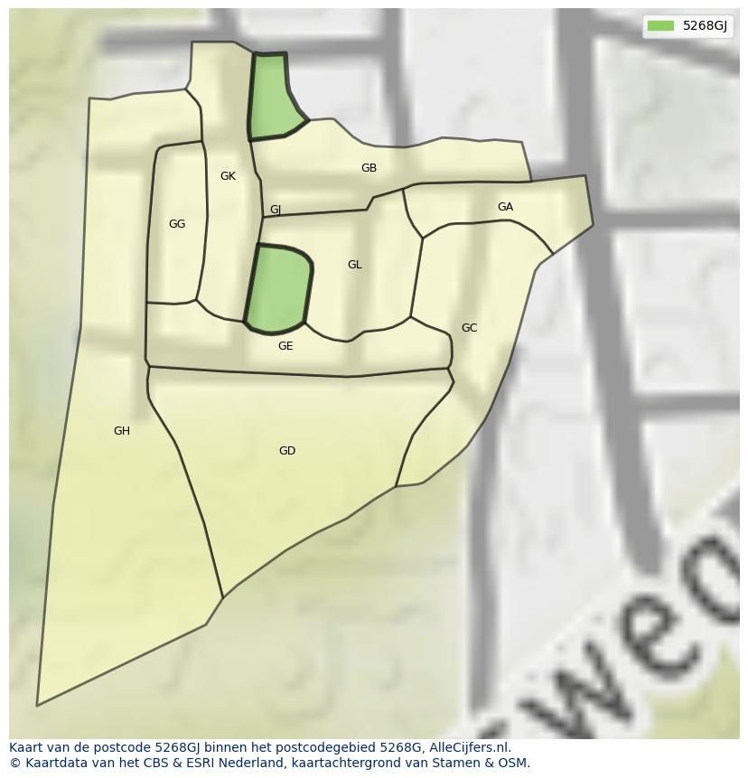 Afbeelding van het postcodegebied 5268 GJ op de kaart.