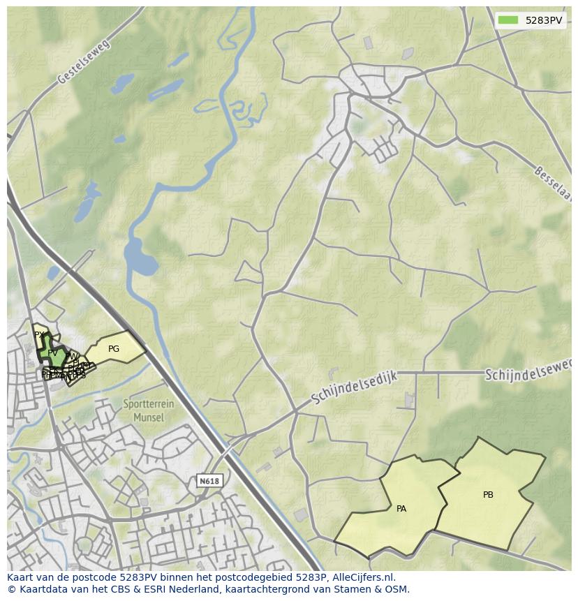 Afbeelding van het postcodegebied 5283 PV op de kaart.