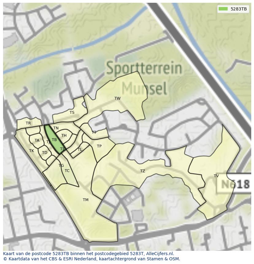 Afbeelding van het postcodegebied 5283 TB op de kaart.