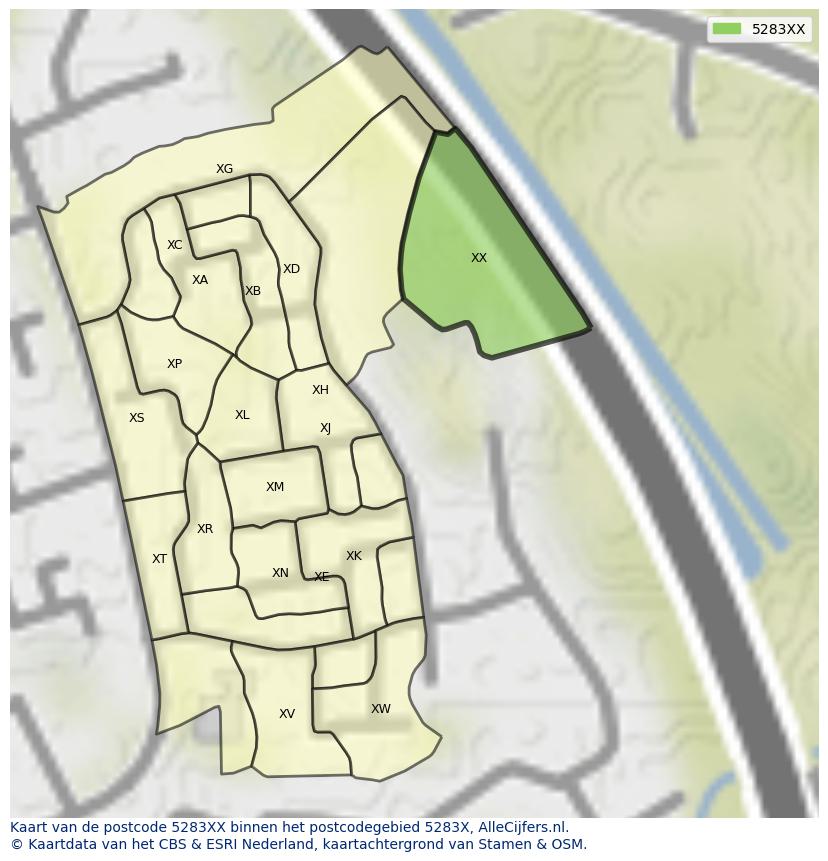 Afbeelding van het postcodegebied 5283 XX op de kaart.