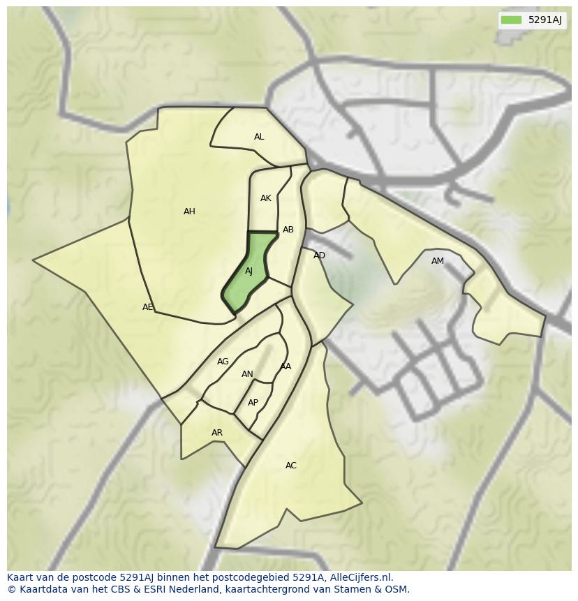 Afbeelding van het postcodegebied 5291 AJ op de kaart.