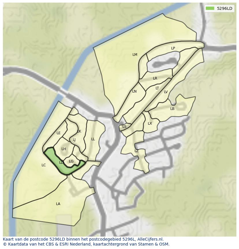 Afbeelding van het postcodegebied 5296 LD op de kaart.