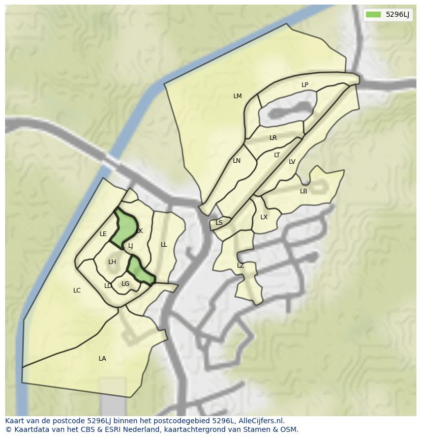 Afbeelding van het postcodegebied 5296 LJ op de kaart.