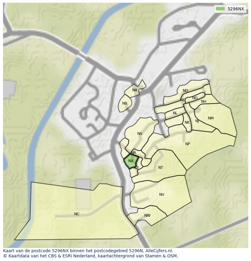 Afbeelding van het postcodegebied 5296 NX op de kaart.