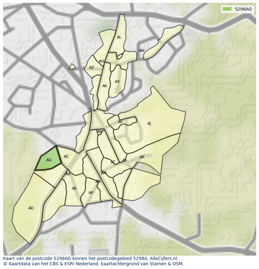 Afbeelding van het postcodegebied 5298 AG op de kaart.