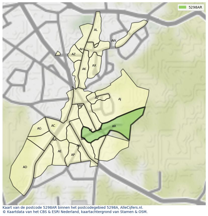 Afbeelding van het postcodegebied 5298 AR op de kaart.