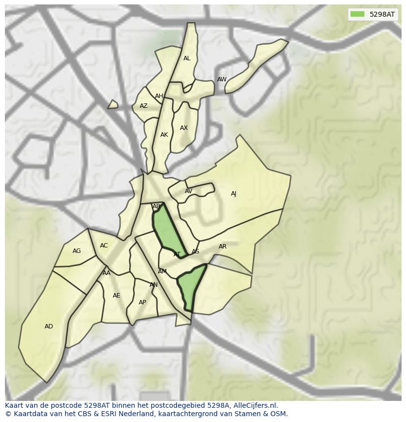 Afbeelding van het postcodegebied 5298 AT op de kaart.