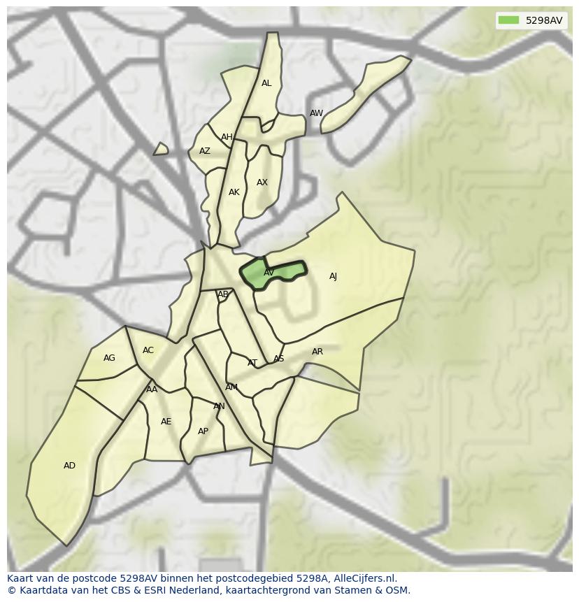 Afbeelding van het postcodegebied 5298 AV op de kaart.