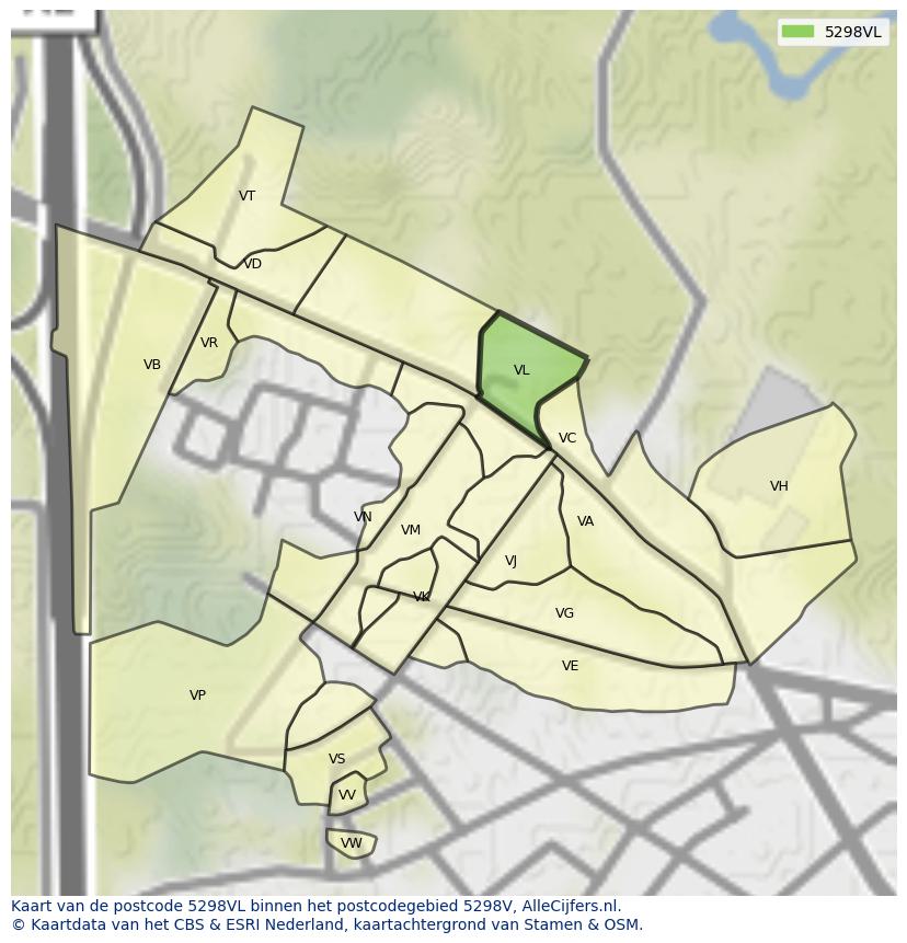 Afbeelding van het postcodegebied 5298 VL op de kaart.