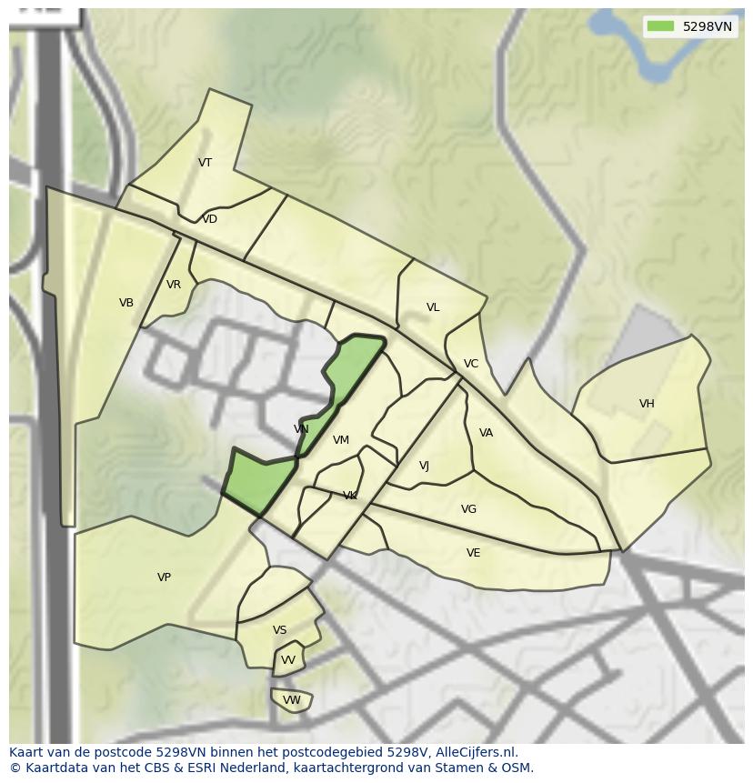 Afbeelding van het postcodegebied 5298 VN op de kaart.