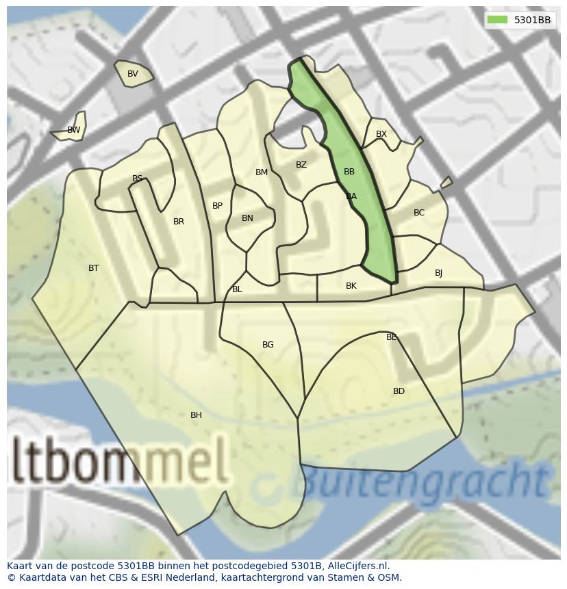 Afbeelding van het postcodegebied 5301 BB op de kaart.