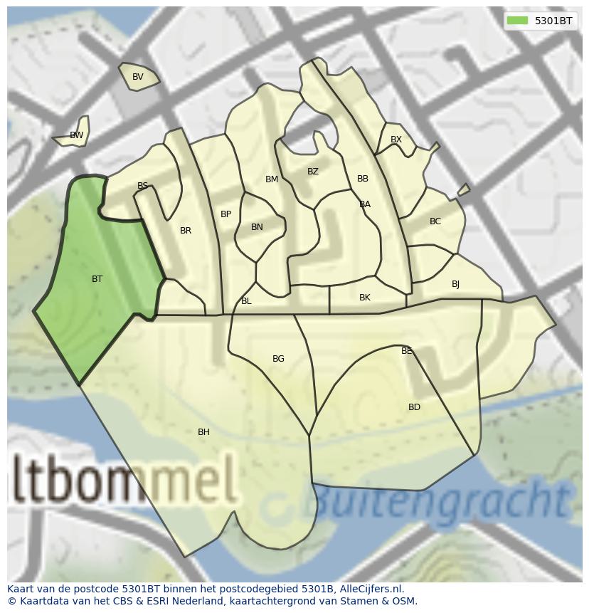 Afbeelding van het postcodegebied 5301 BT op de kaart.