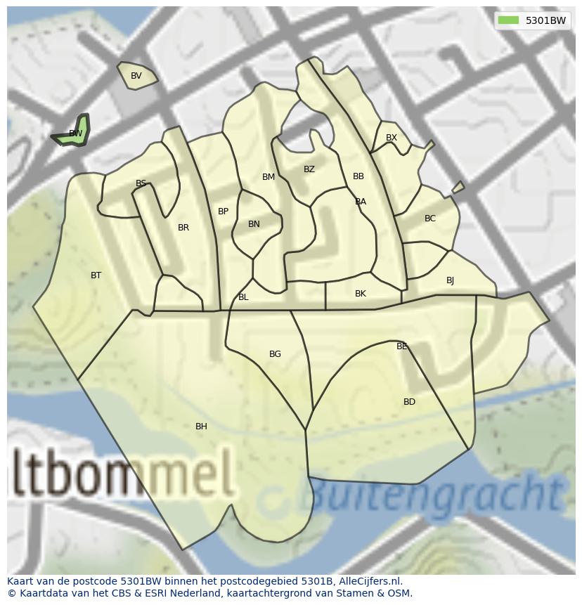 Afbeelding van het postcodegebied 5301 BW op de kaart.