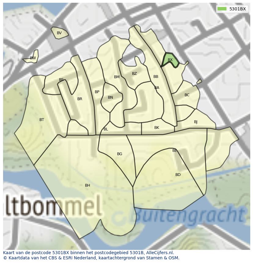 Afbeelding van het postcodegebied 5301 BX op de kaart.