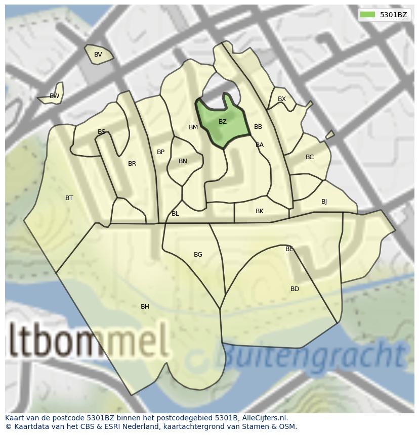 Afbeelding van het postcodegebied 5301 BZ op de kaart.