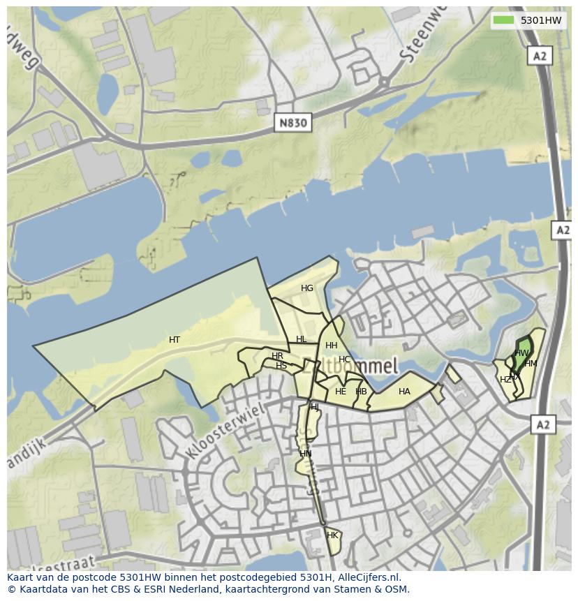 Afbeelding van het postcodegebied 5301 HW op de kaart.