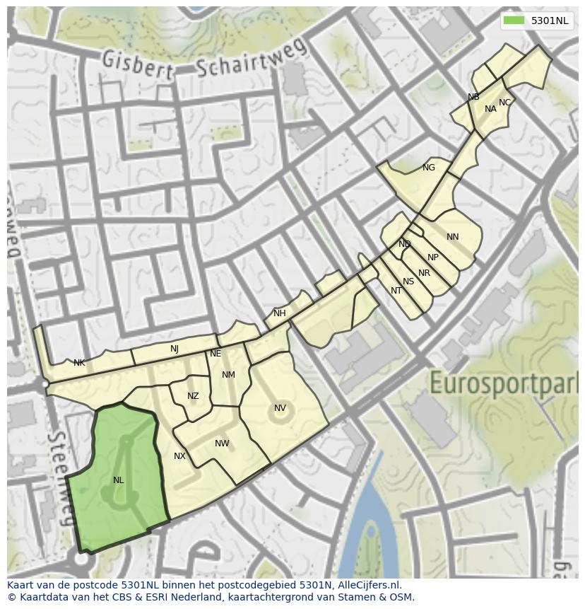 Afbeelding van het postcodegebied 5301 NL op de kaart.