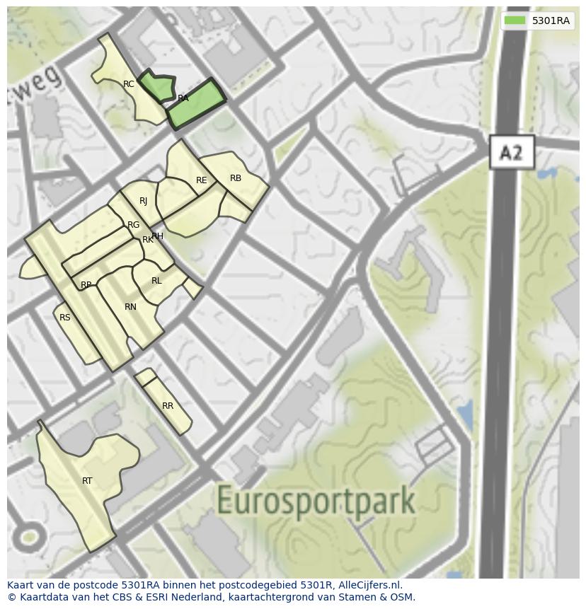 Afbeelding van het postcodegebied 5301 RA op de kaart.
