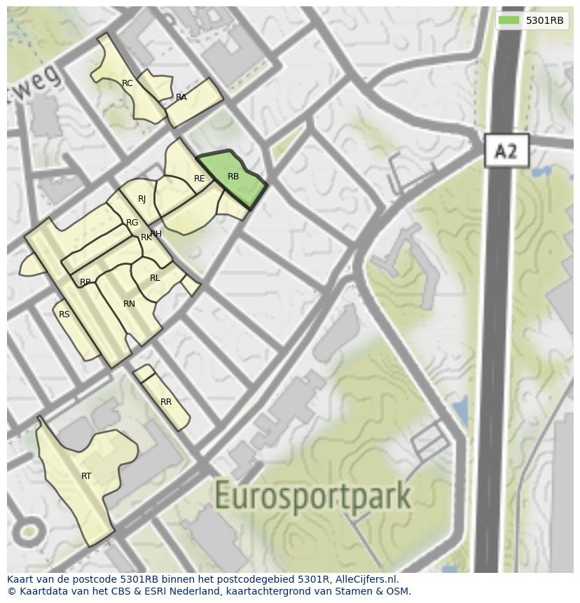 Afbeelding van het postcodegebied 5301 RB op de kaart.