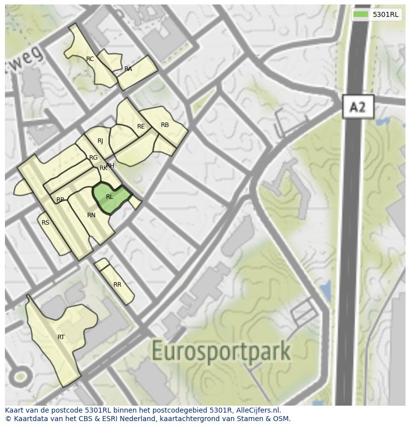 Afbeelding van het postcodegebied 5301 RL op de kaart.