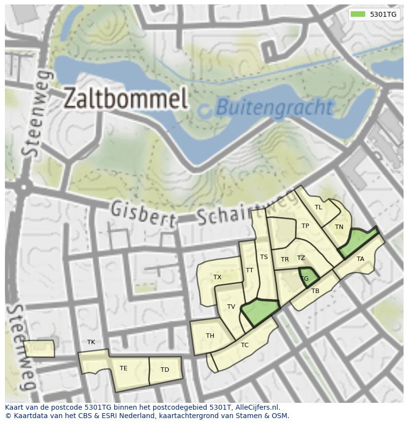Afbeelding van het postcodegebied 5301 TG op de kaart.