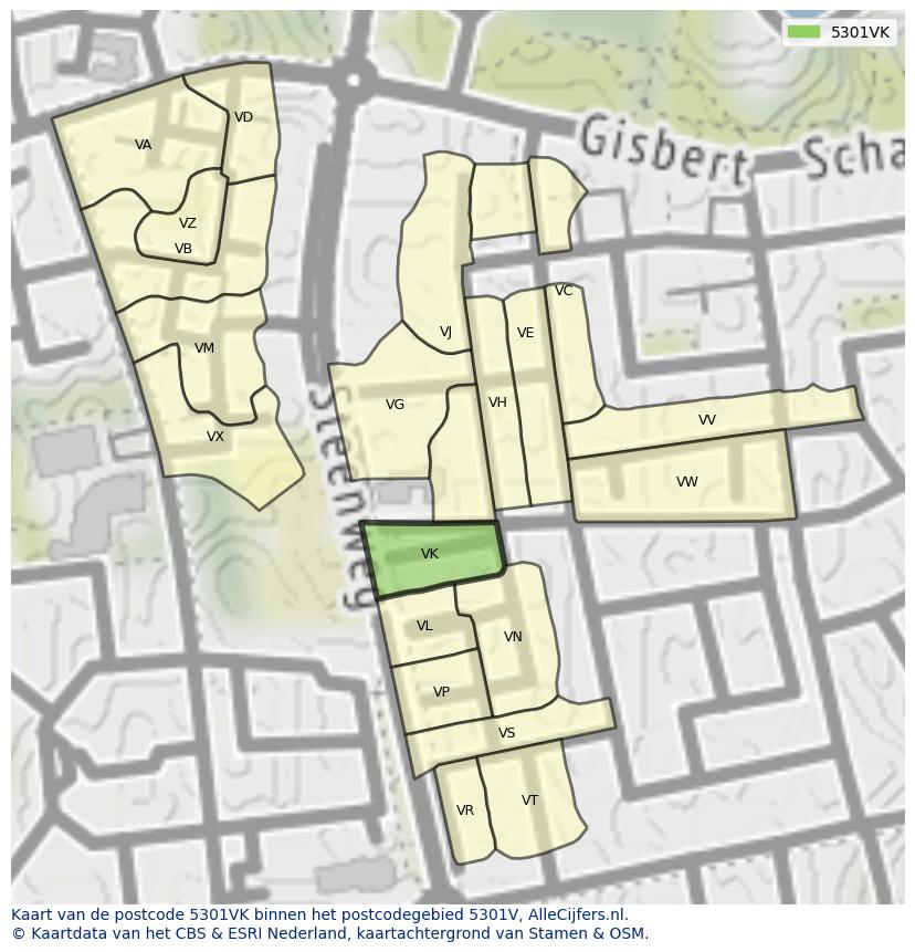 Afbeelding van het postcodegebied 5301 VK op de kaart.