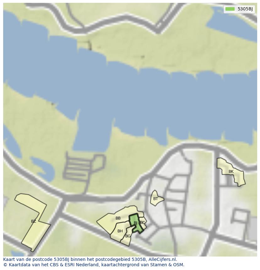 Afbeelding van het postcodegebied 5305 BJ op de kaart.