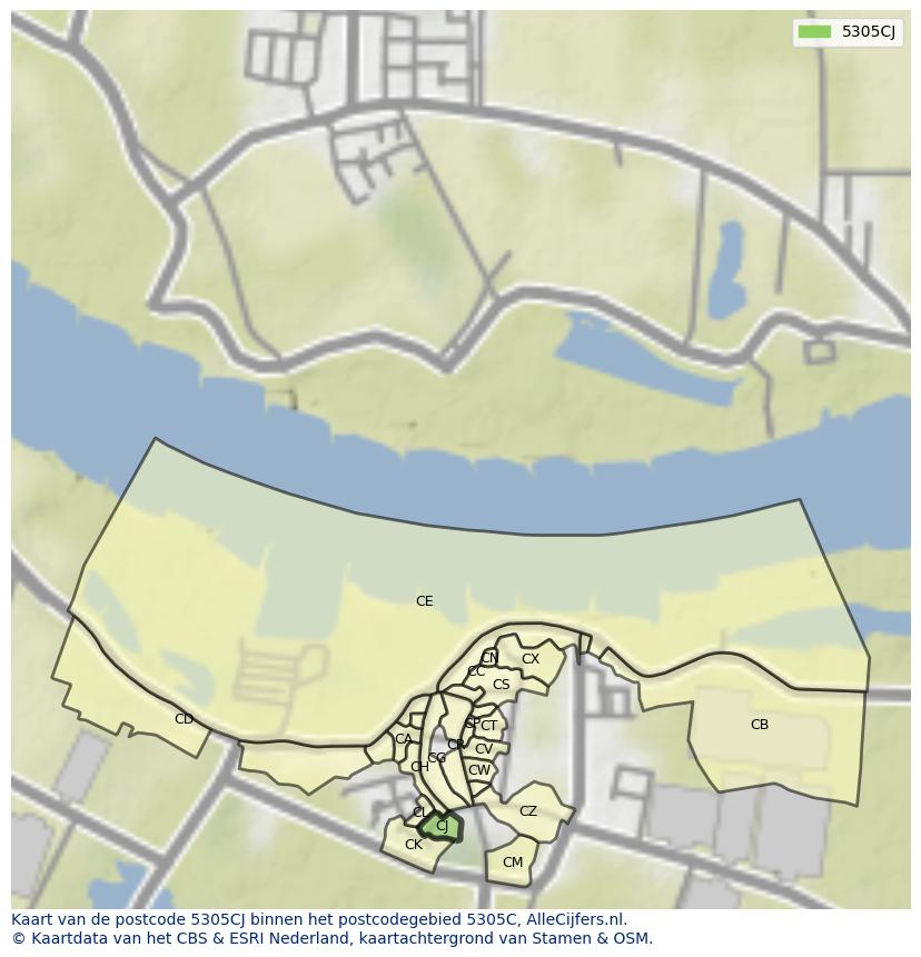Afbeelding van het postcodegebied 5305 CJ op de kaart.
