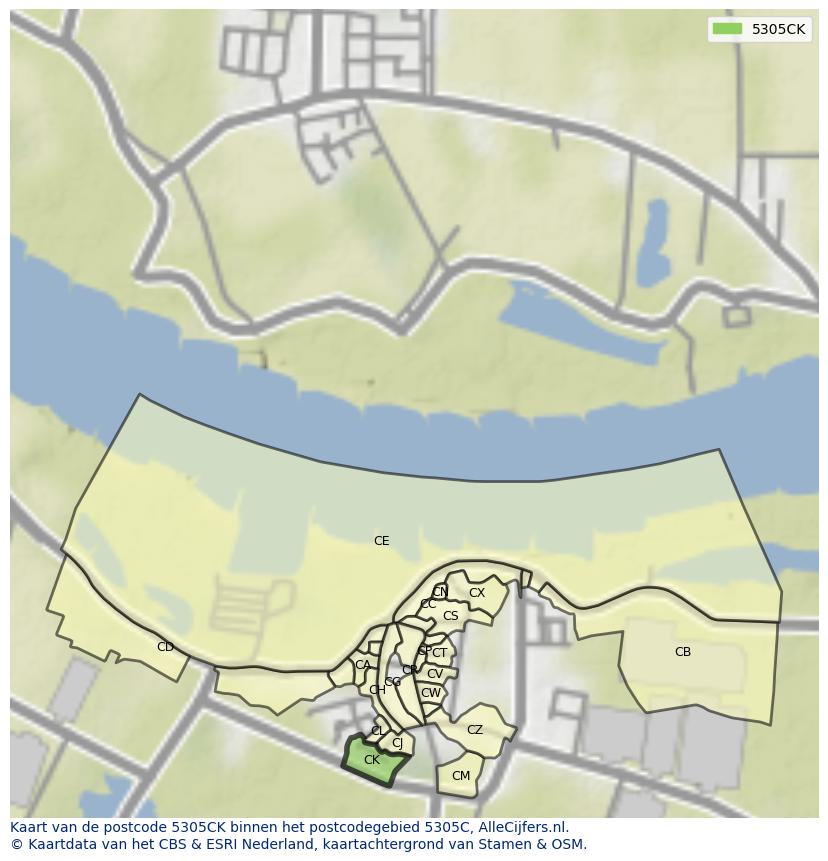 Afbeelding van het postcodegebied 5305 CK op de kaart.