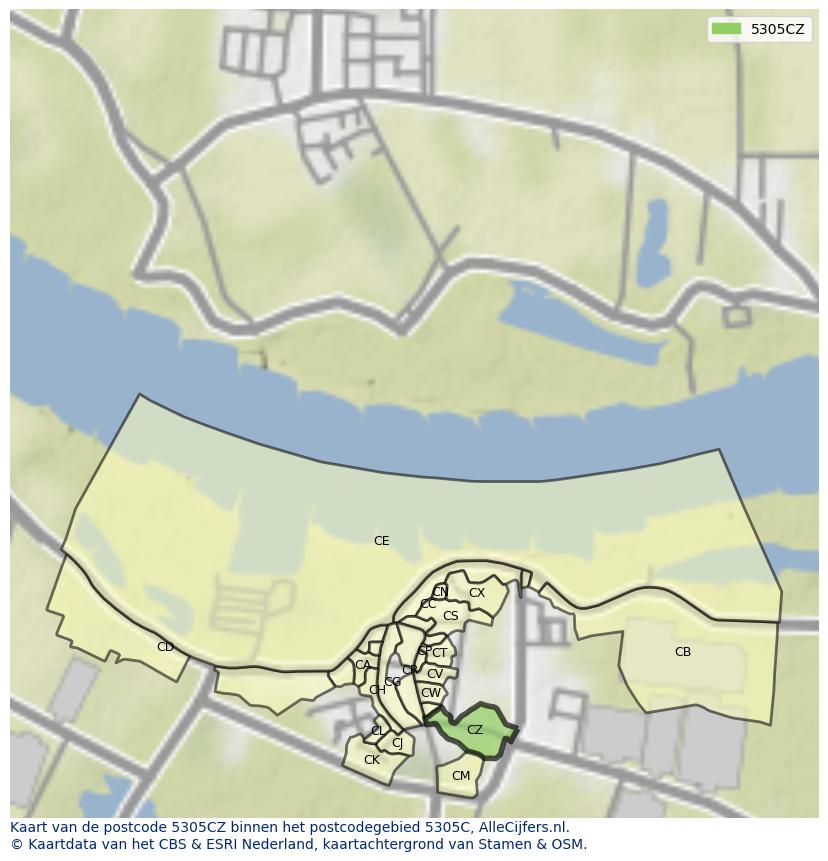 Afbeelding van het postcodegebied 5305 CZ op de kaart.