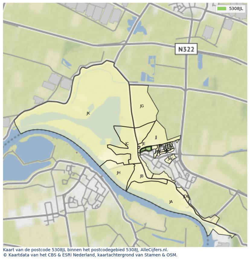 Afbeelding van het postcodegebied 5308 JL op de kaart.
