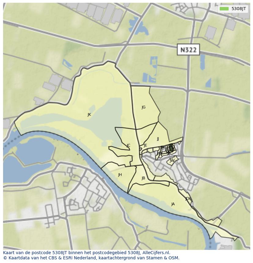 Afbeelding van het postcodegebied 5308 JT op de kaart.