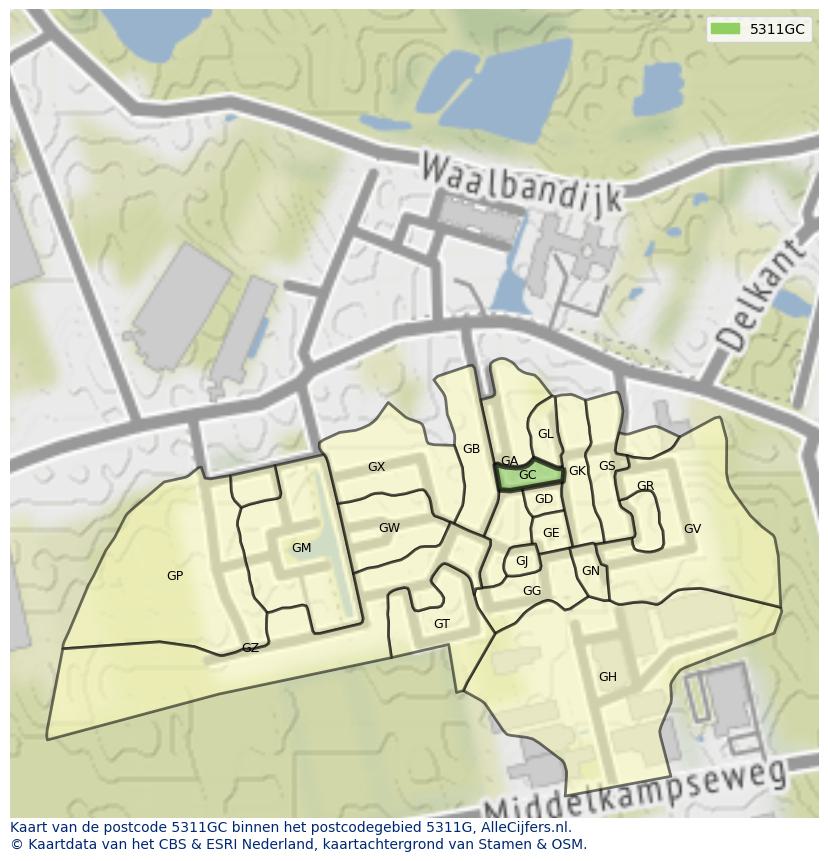Afbeelding van het postcodegebied 5311 GC op de kaart.