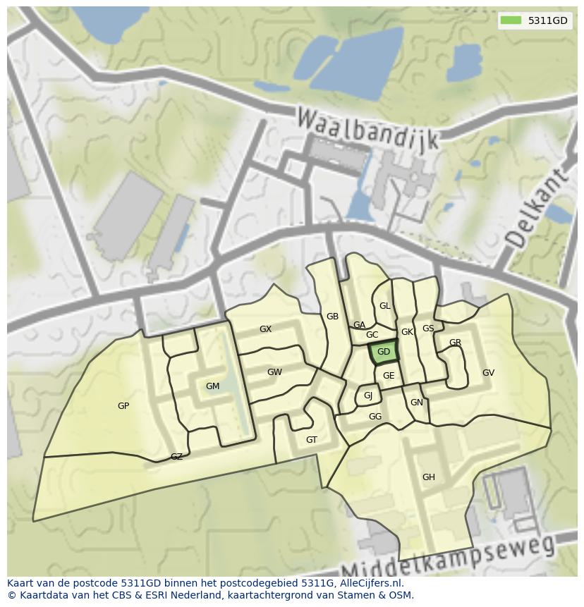 Afbeelding van het postcodegebied 5311 GD op de kaart.