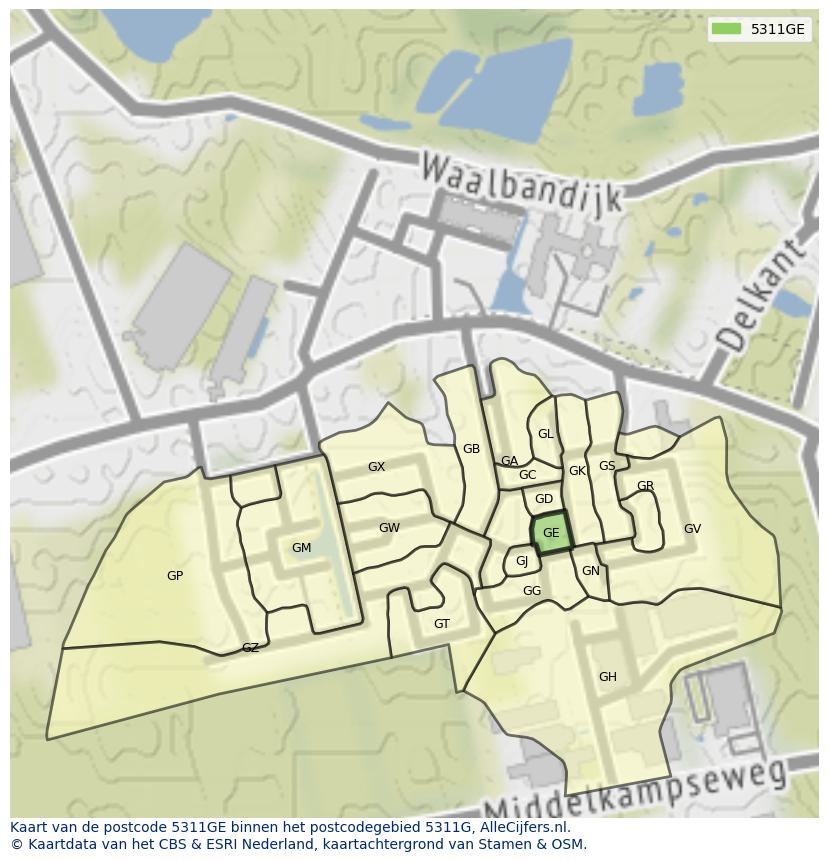 Afbeelding van het postcodegebied 5311 GE op de kaart.