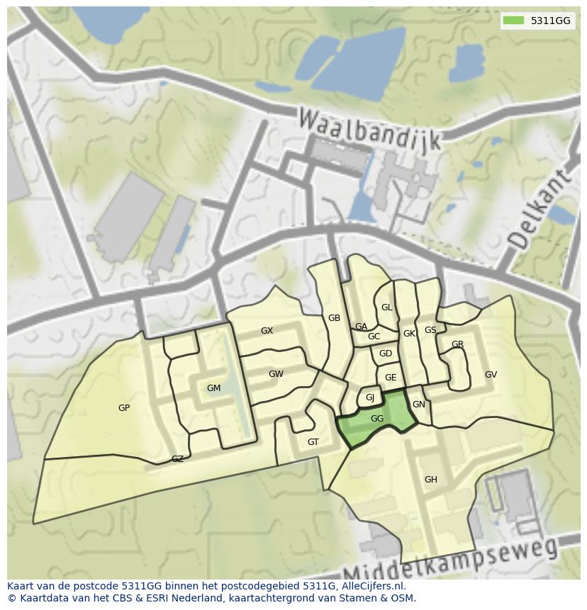 Afbeelding van het postcodegebied 5311 GG op de kaart.