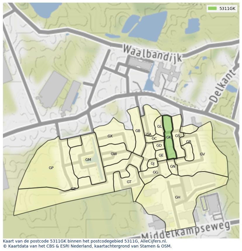 Afbeelding van het postcodegebied 5311 GK op de kaart.