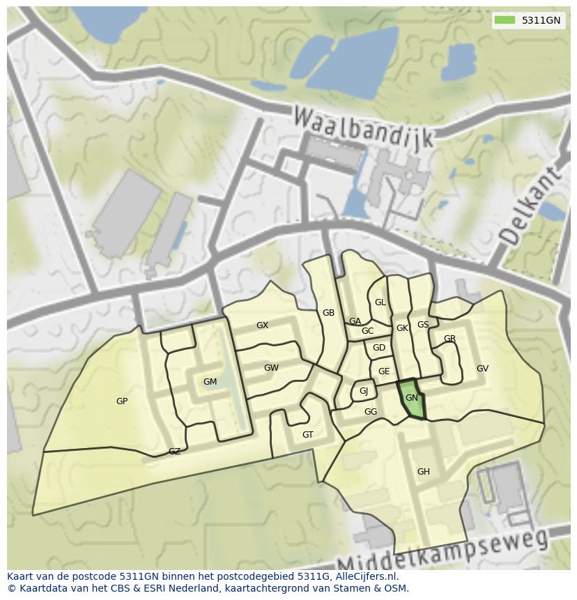 Afbeelding van het postcodegebied 5311 GN op de kaart.
