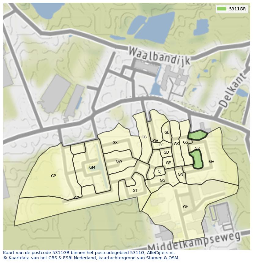 Afbeelding van het postcodegebied 5311 GR op de kaart.