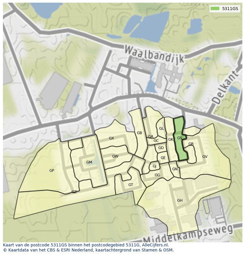 Afbeelding van het postcodegebied 5311 GS op de kaart.